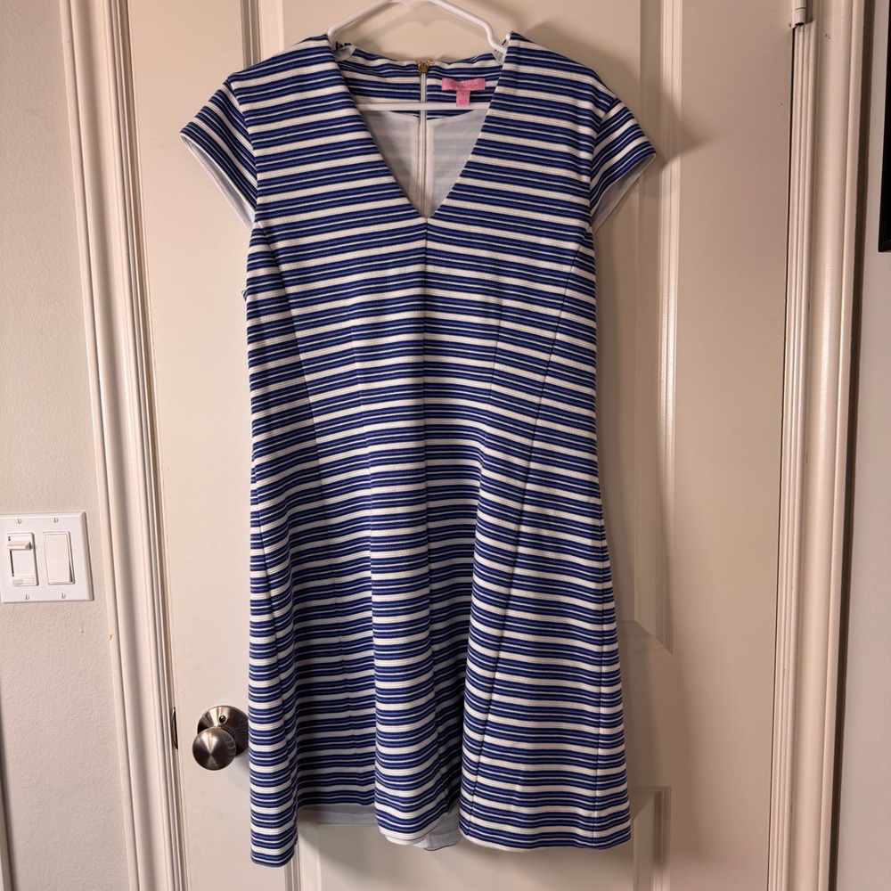 Lilly Pulitzer Blue White Striped V-Neck Cap Sleeve Shift Dress XL 0811